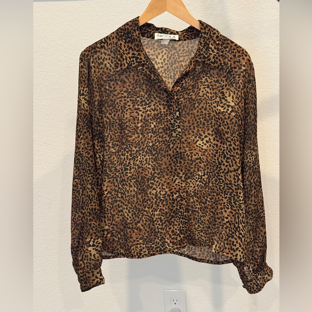 NICOLA Vintage 90s Leopard Sheer Blouse Fabric Covered Buttons